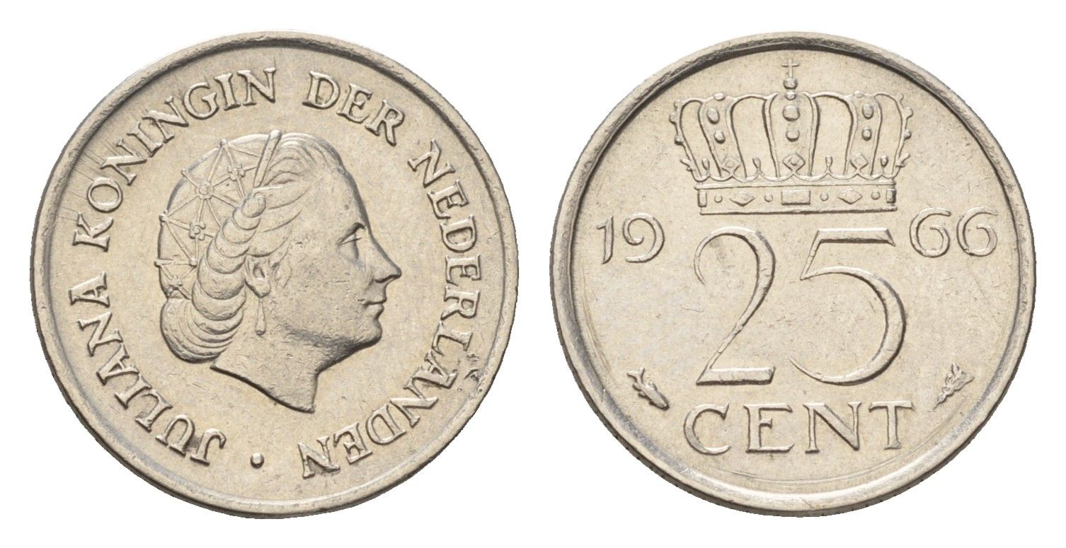 Нидерланды 25 центов 1966 Юлиана (1948-1980) KM 183 никель 4658-851