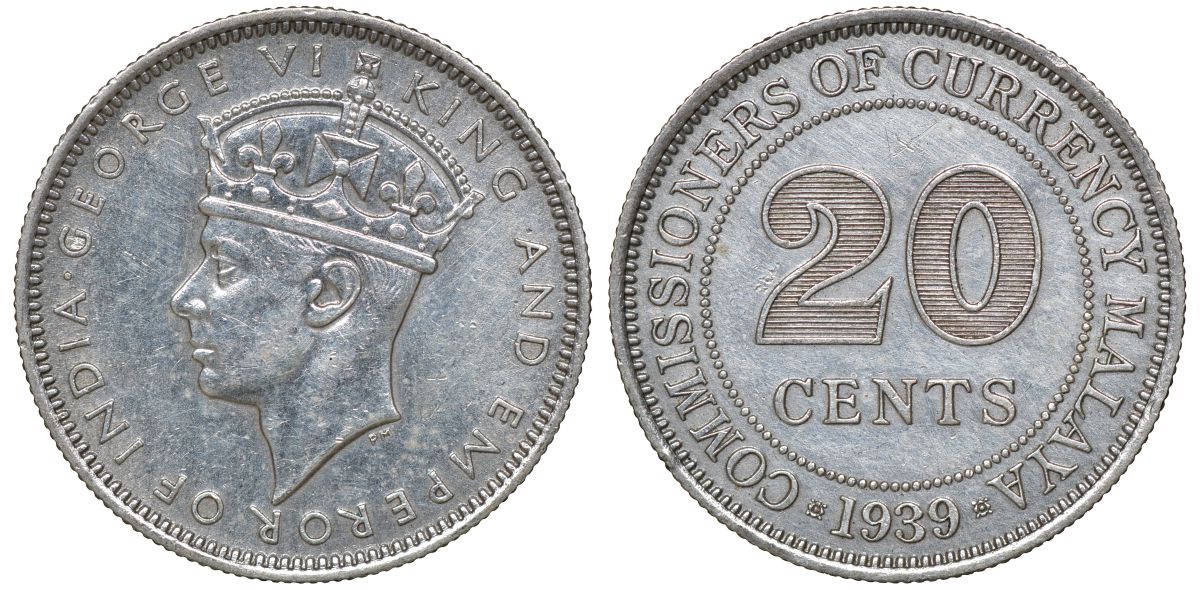 Британская Малайя 20 центов 1939 Георг VI (1937-1952) KM 5 серебро 53-424