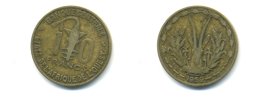 ЗАПАДНАЯ АФРИКА 10 ФРАНКОВ 1959 KM 1 алюминиевая бронза 86-1637