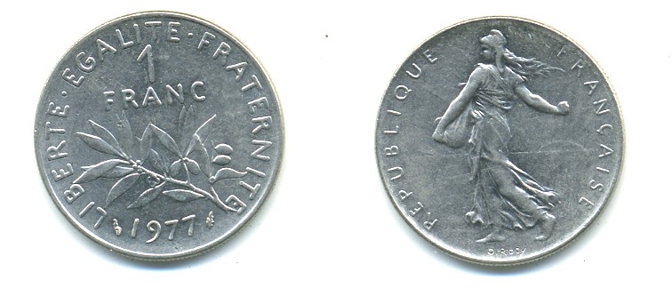 ФРАНЦИЯ 1 ФРАНК 1977 СЕЯТЕЛЬ KM 925.1, LE FRANC 226.22 никель 57-312