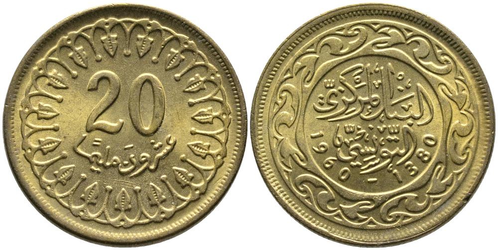 Тунис 20 миллимов 1960 АН1380, республика KM 307 латунь 3336-831