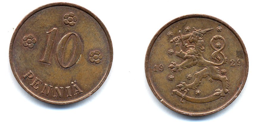 Финляндия 10 пенни 1929 республика (1918-1962) KM 24 медь 51-5313