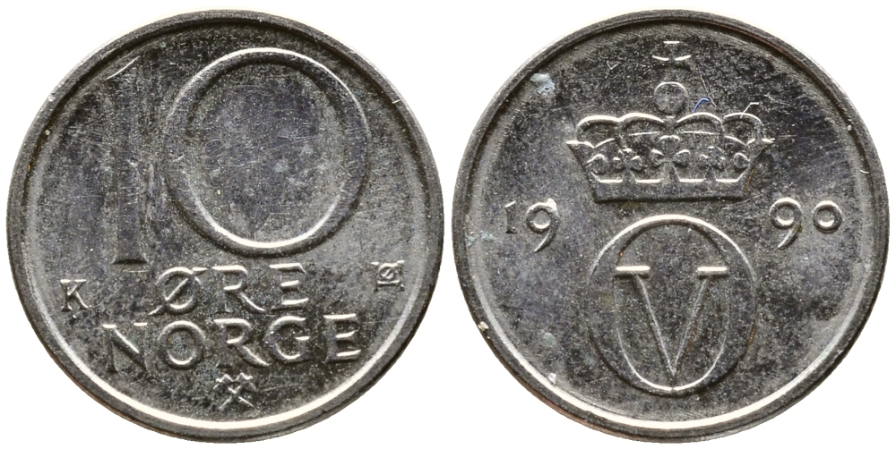 НОРВЕГИЯ 10 ЭРЕ 1990 KM 416 медно-никель 29-1135