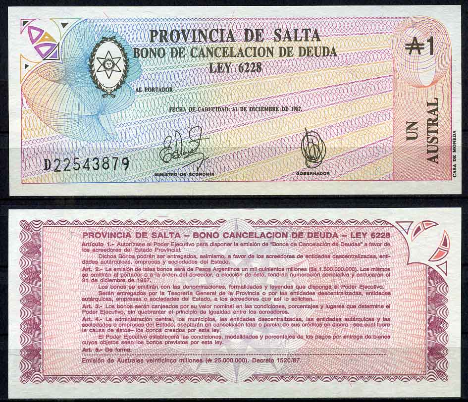 Аргентина, провинция Сальта 1 аустраль 1987 Pick S 2612e  бумага  UNC (пресс) 7202-28-3