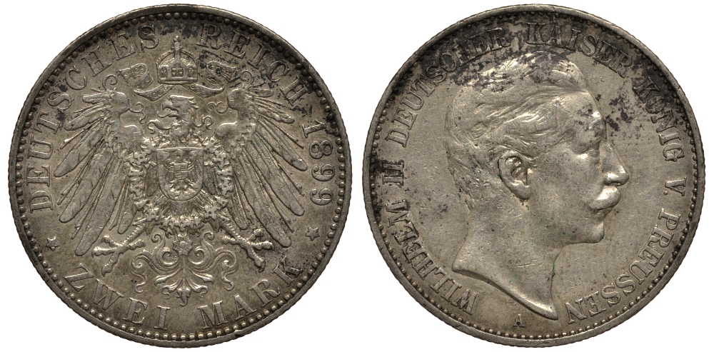 Пруссия 2 марки 1899 A, Вильгельм II (1888-1918) J.102, Weege 101, KM 522 серебро 3711-715