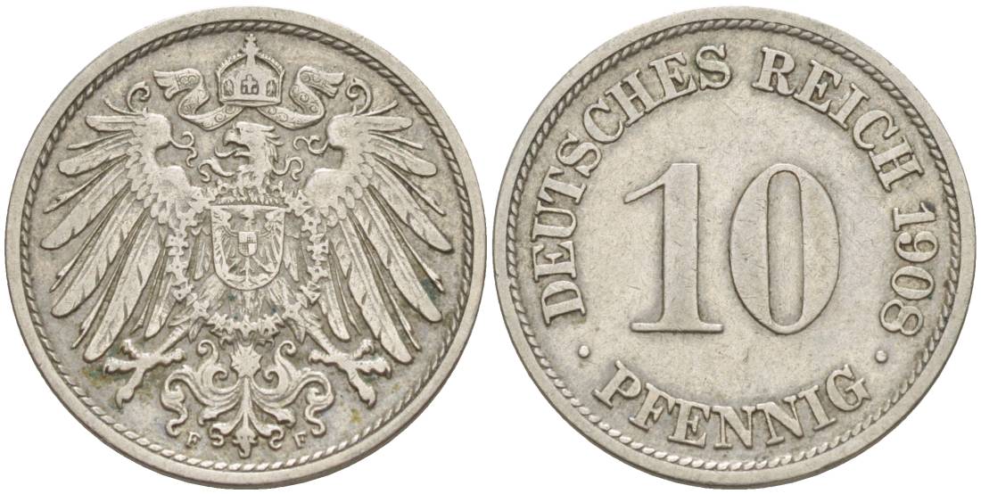 Германия 10 пфеннигов 1908 F KM 12, Jager 13, Weege 8 медно-никель 219-143