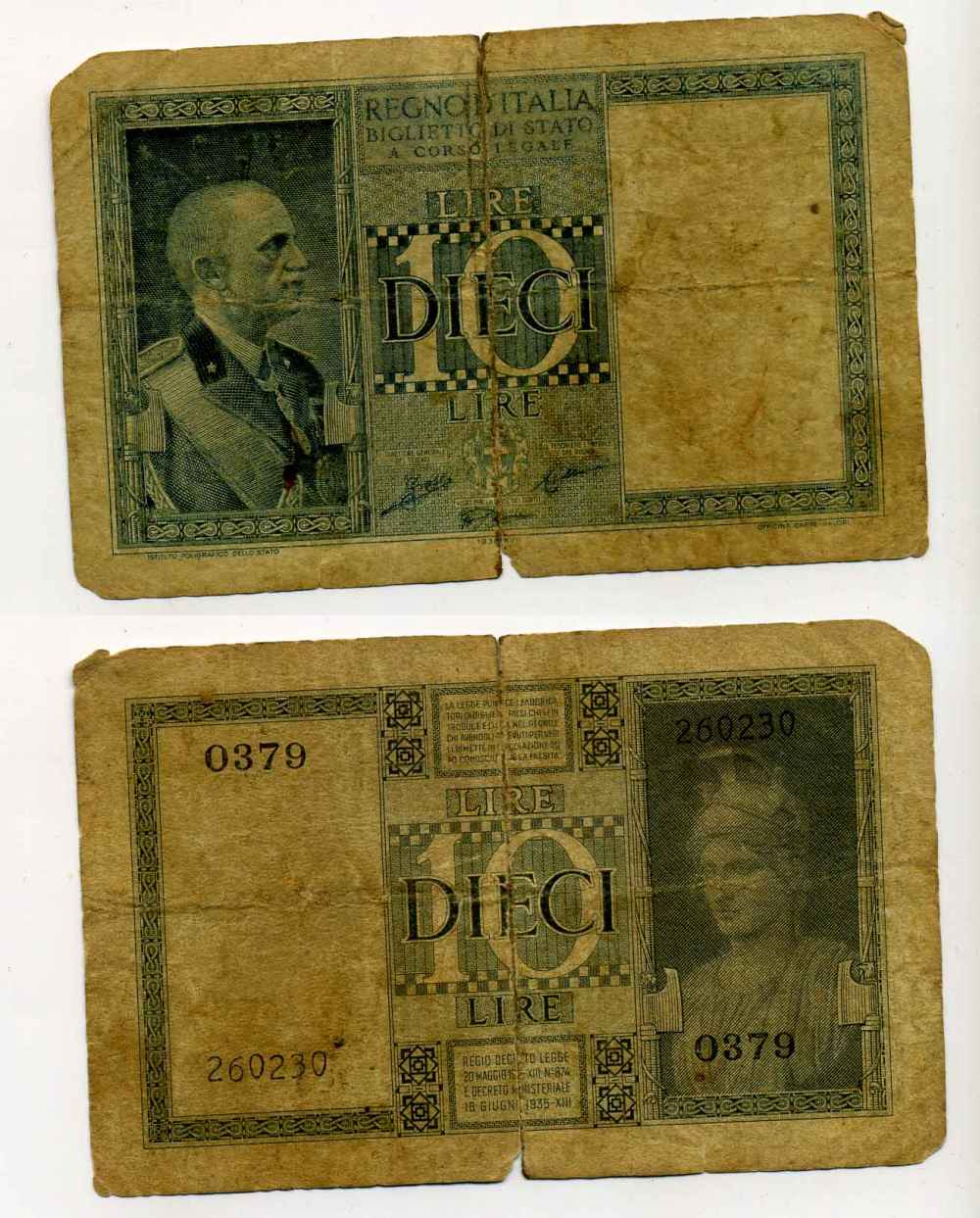 Италия 10 лир 1938 Король Виктор Эммануил III, Grassi, Porena, CollariI Pick 25b бумага 00-00