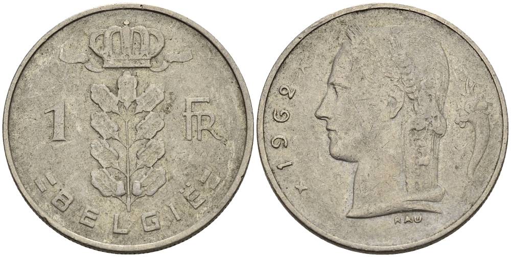 БЕЛЬГИЯ 1 ФРАНК 1962 BELGIE KM 143.1 медно-никель 4546-353