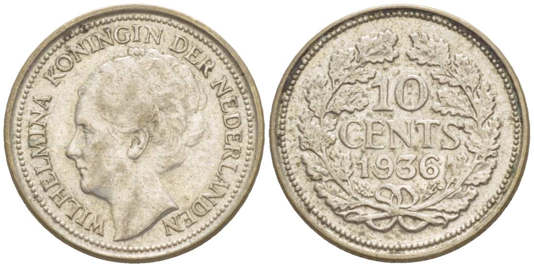 Нидерланды 10 центов 1936 Вильгельмина I (1890-1948) КМ 163 серебро 4532-1165