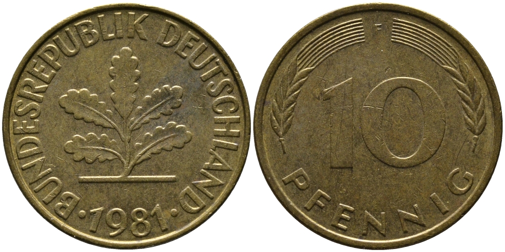 ФРГ 10 ПФЕННИГОВ 1981 F KM 108, J.383 сталь плакированная латунью 33-147