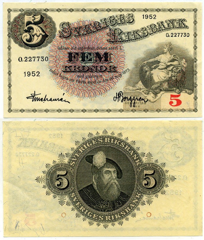 Швеция 5 крон 1952 O, король Густав I Pick 33ai бумага aUNC 6266-15-2