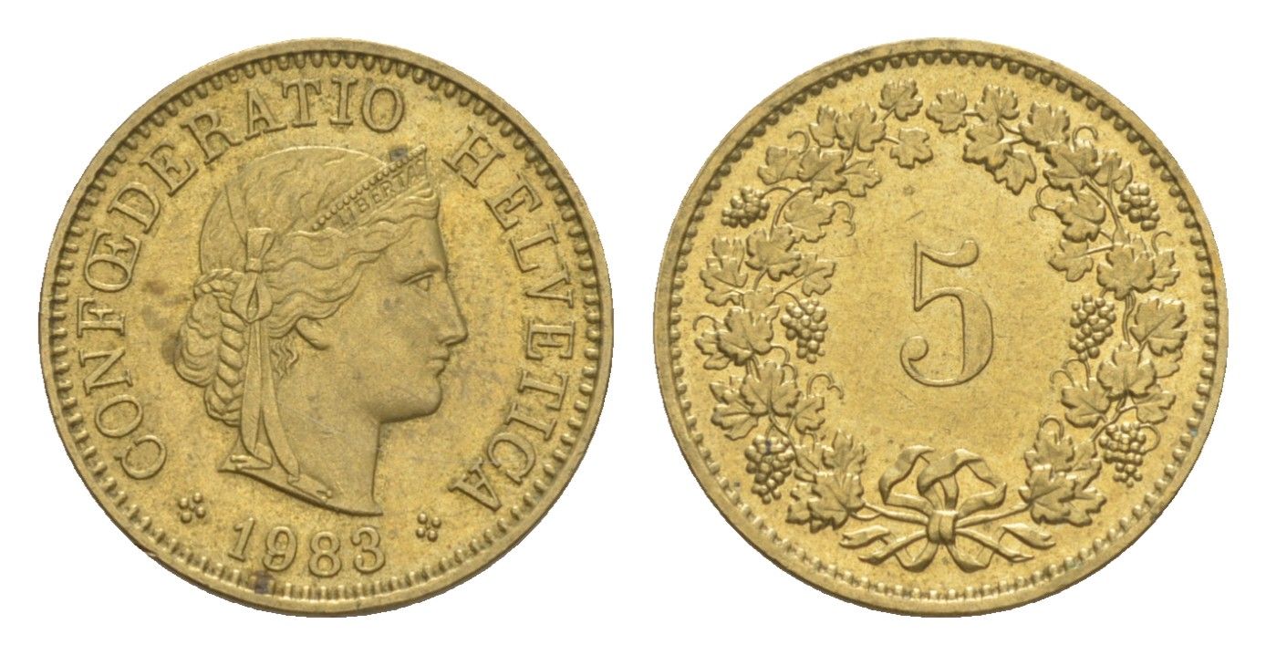 Швейцария 5 раппенов 1983 KM 26c алюминиевая бронза 4611-1241