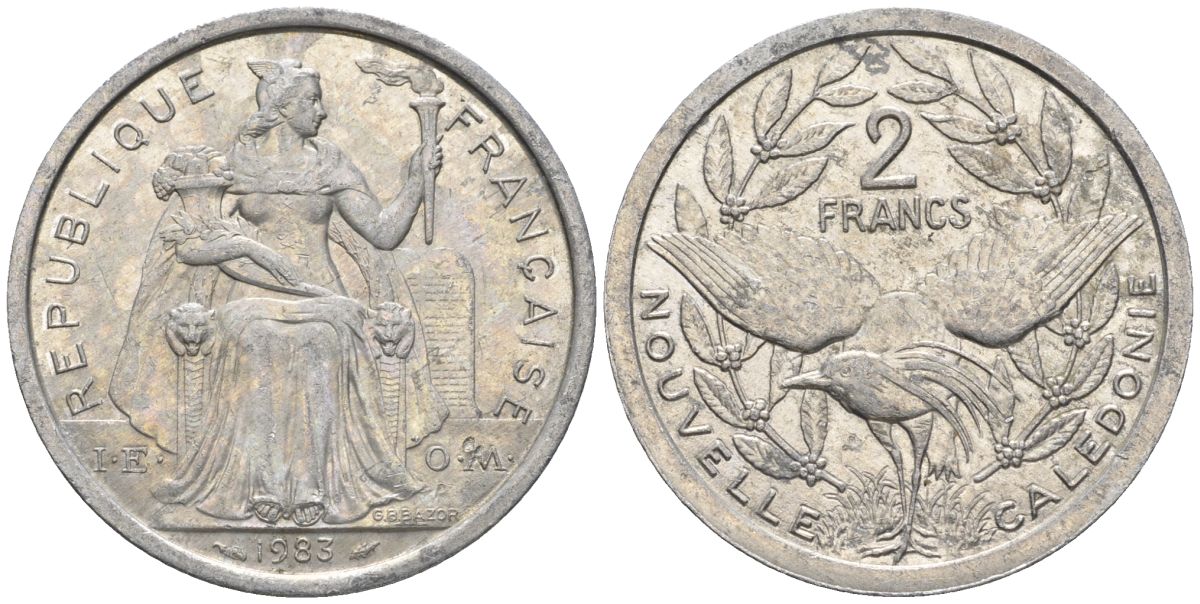 Французская Новая Каледония 2 франка 1983 птица кагу, (IEOM) KM 14, Schoen 11, Lec 63 алюминий    27-653