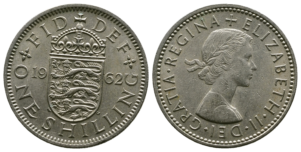 Великобритания 1 шиллинг 1962 Елизавета II (1952-2022), Английский герб KM 904, Spink 4147 медно-никель 4384-442