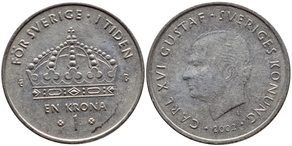 Швеция 1 крона 2002 Карл XVI Густав (1973- ) KM 894 медно-никель 4110-732