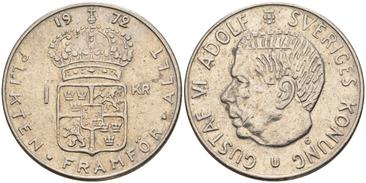 Швеция 1 крона 1972 U, Густав VI Адольф (1950-1973) KM 826a медь плакированный медно-никелем 4150-335
