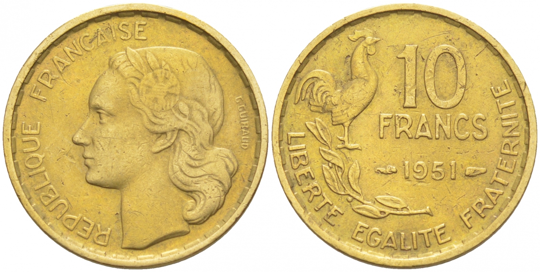 Франция 10 франков 1951 петух KM 915.1, Le Franc 363.4 алюминиевая бронза 187-157