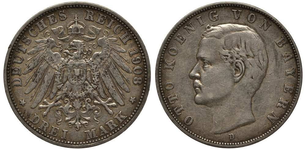 Бавария 3 марки 1908 Отто (1886-1913) Weege 45, J. 47, KM 515 серебро 3711-1841
