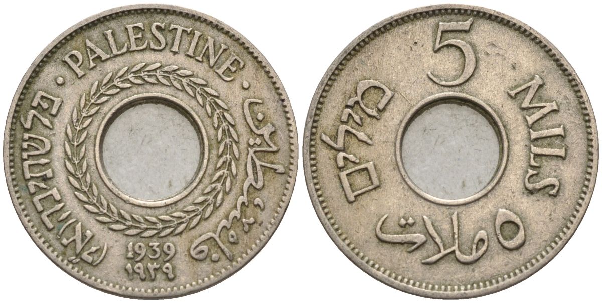 Израиль, Палестина 5 милсов 1939 британская администрация (1927-1948) KM 3 медно-никель    4154-415