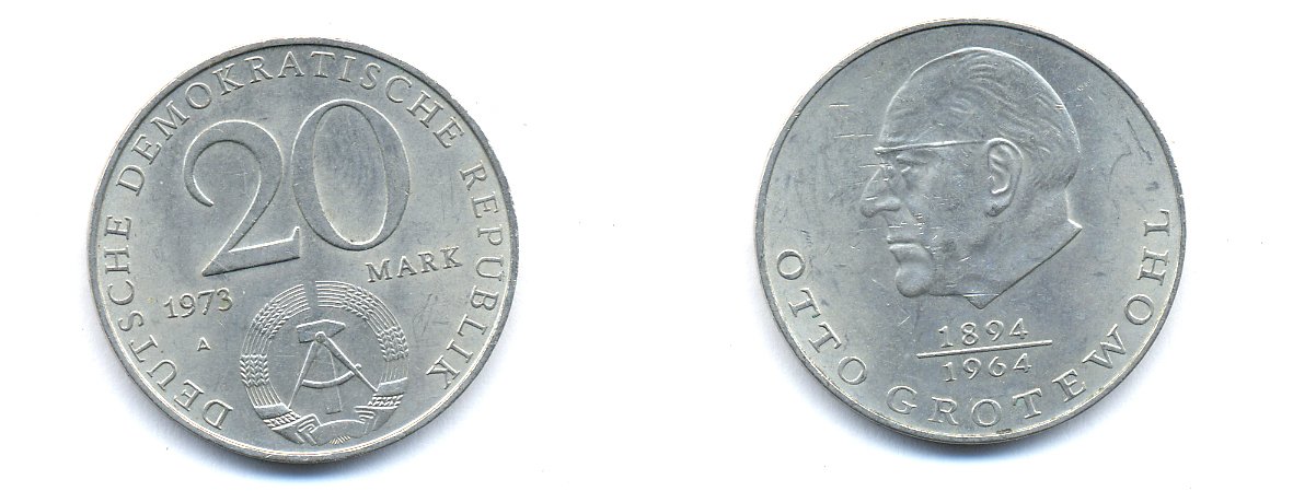 ГДР 20 марок 1973 А, Отто Гротеволь (1894-1964) KM 47 медно-никель 3333-436