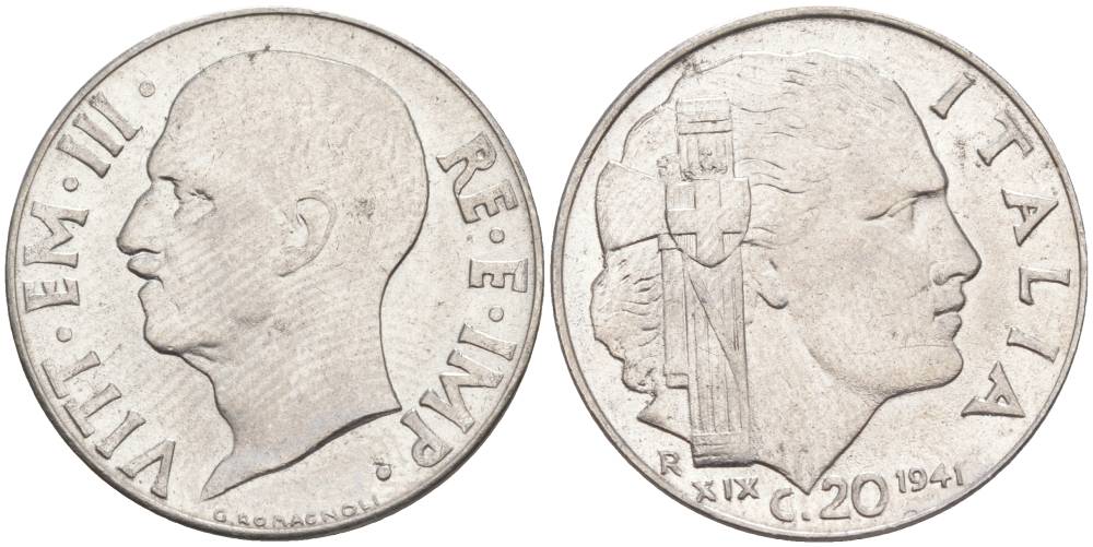 ИТАЛИЯ 20 ЧЕНТЕЗИМО 1941 R, ГОД XIX, ВИКТОР ЭММАНУИЛ III (1900-1946) KM 75b, VEM3. 1028 нержавеющая сталь 3853-1054