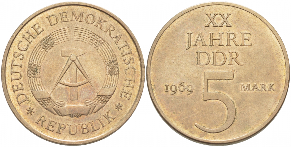 ГДР 5 марок 1969 А, 20 лет ГДР KM 22.1, J. 1524 никель бронза 4403-1043