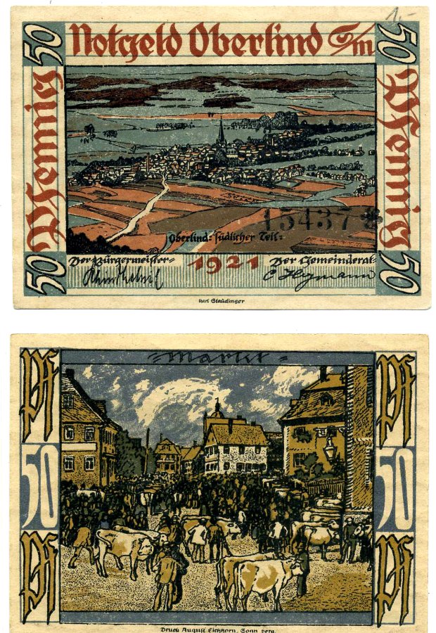 Оберлинд 50 пфеннигов 1921 нотгельд (номер 3 Markt), земля Тюрингия Grabowski 999.1а бумага 2195-25-1-1