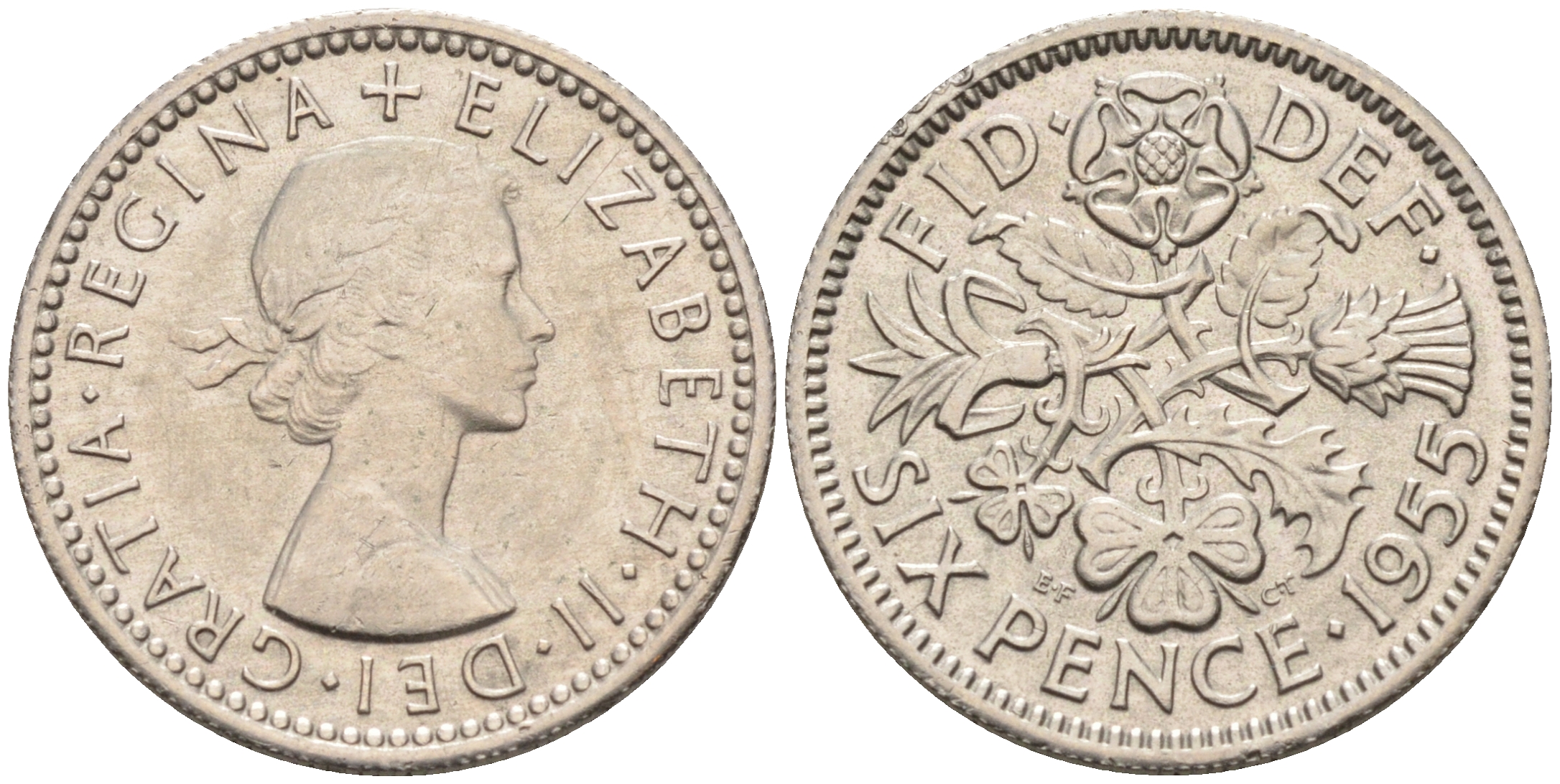 Великобритания 6 пенсов 1955 Елизавета II (1952-2022) KM 903, Spink 4149 медно-никель 4588-1234