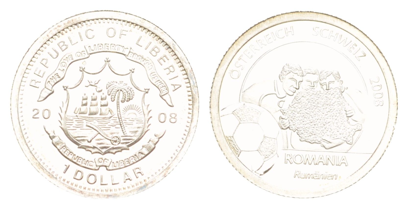Либерия 1 доллар 2008 Чемпионат Европы по футболу 2008 года. Сборная Румынии, тираж 1.000 экземпляров, вес 1,2 гр серебро PROOF 1521-431
