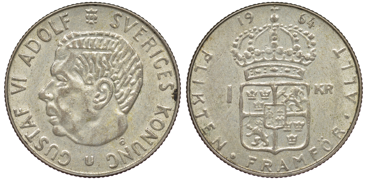 Швеция 1 крона 1964 U, Густав VI Адольф (1950-1973) KM 826 серебро 4178-456