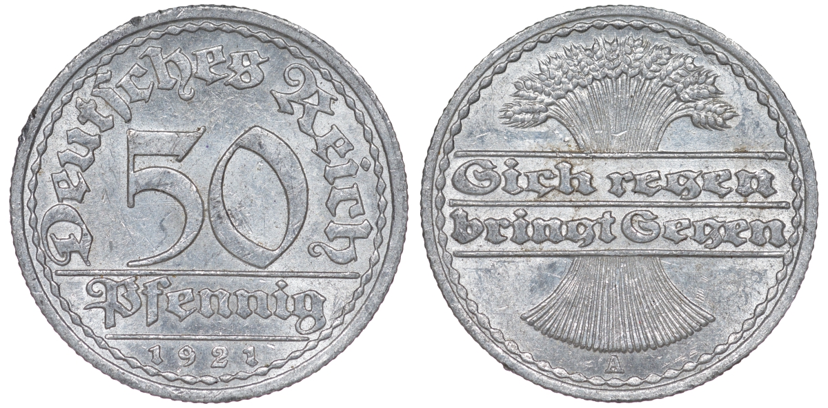 Германия 50 пфеннигов 1921 A KM 27, J. 301 алюминий aUNC 4114-611