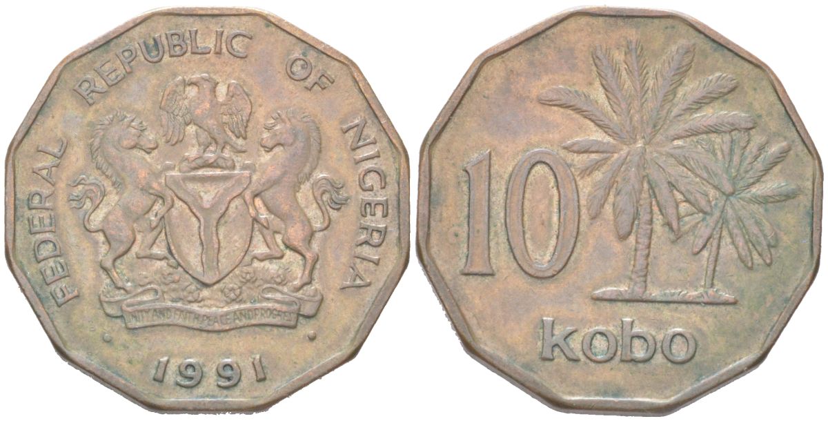 Нигерия 10 кобо 1991 KM 12 сталь плакированная медью aUNC 4614-429