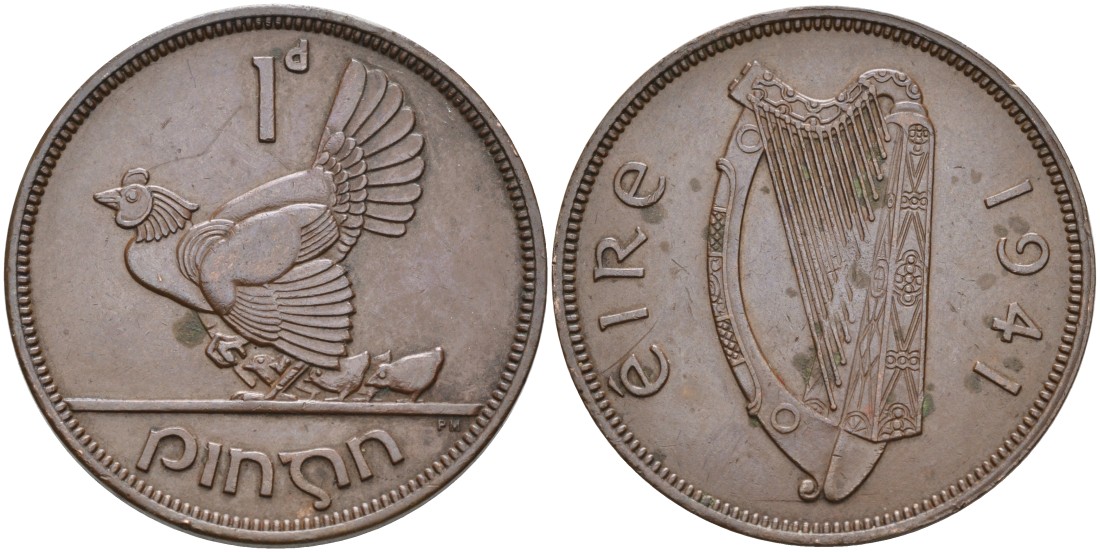 Ирландия 1 пенни 1941 курица с цыплятами KM 11 бронза 88-825
