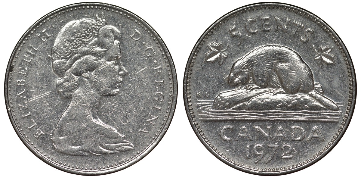 Канада 5 центов 1972 бобр, Елизавета II (1952-) KM 60.1 никель 4128-547