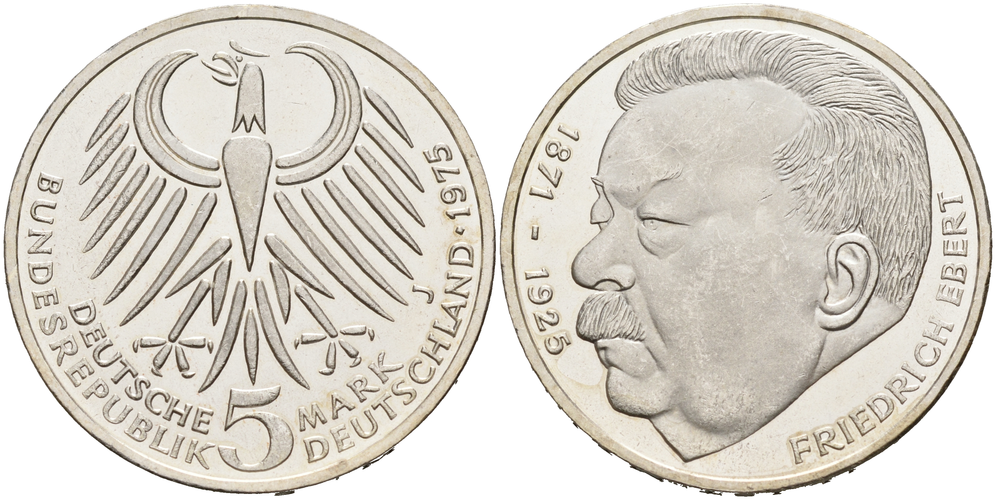 ФРГ 5 марок 1975 J, 50 лет со дня смерти Фридриха Эберта J. 416, KM 141 серебро UNC 88-121