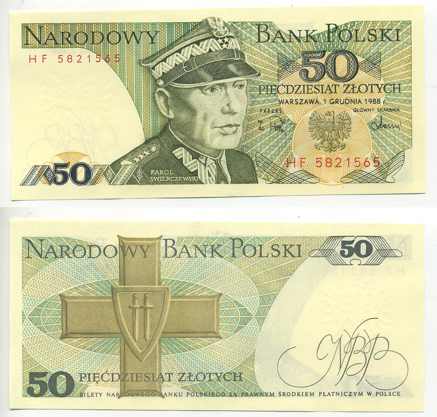 Польша 50 злотых 1988 Кароль Сверчевский, знак Грюнвальдского ордена Pick 142 c бумага UNC (пресс) 6300-12-3-2