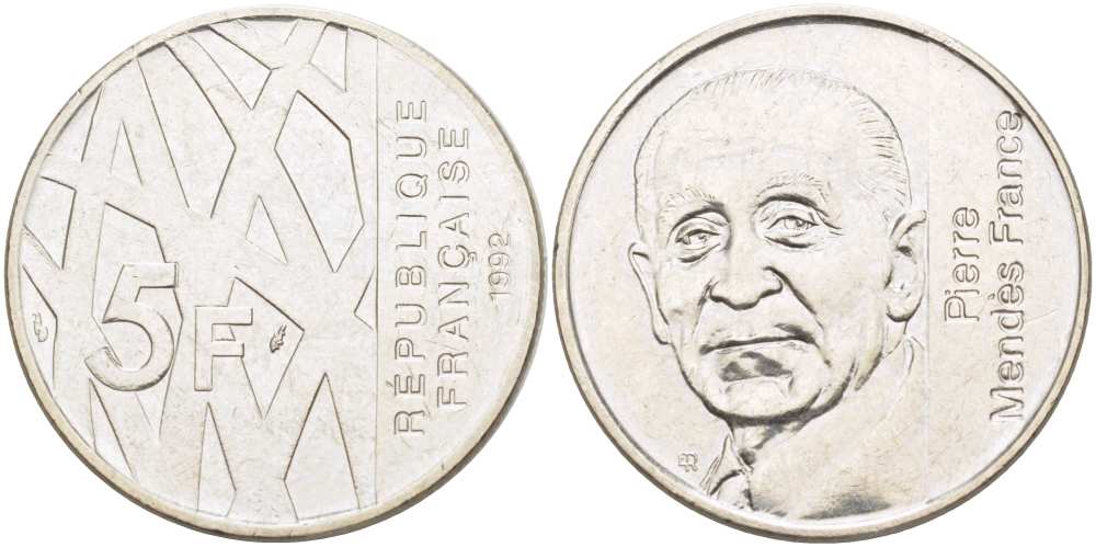Франция 5 франков 1992 Пьер Мендес-Франс KM 1006, LE FRANC 343.2 никель 215-614