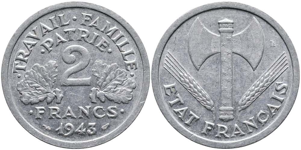 Франция 2 франка 1943 правительство Виши KM 904.1 алюминий 4388-843