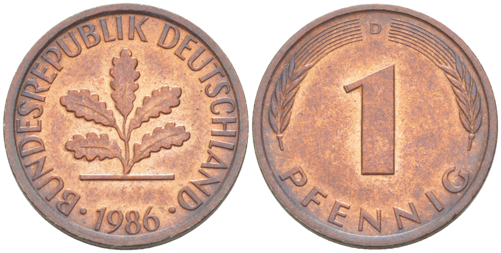 ФРГ 1 ПФЕННИГ 1986 D KM 105, J. 380 сталь плакированная медью 4181-662