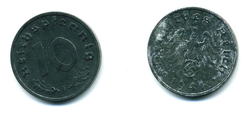 ГЕРМАНИЯ 10 РЕЙХСПФЕННИГОВ 1941 F J. 371, KM 101 цинк 46-2556