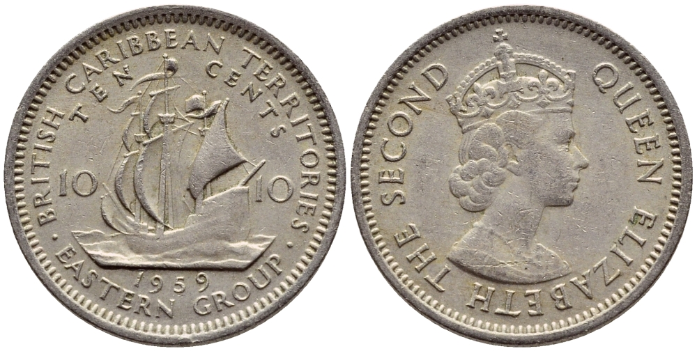 Британские Восточно-Карибские территории 10 центов 1959 Елизавета II (1952-2022), парусник KM 5 медно-никель 4387-837