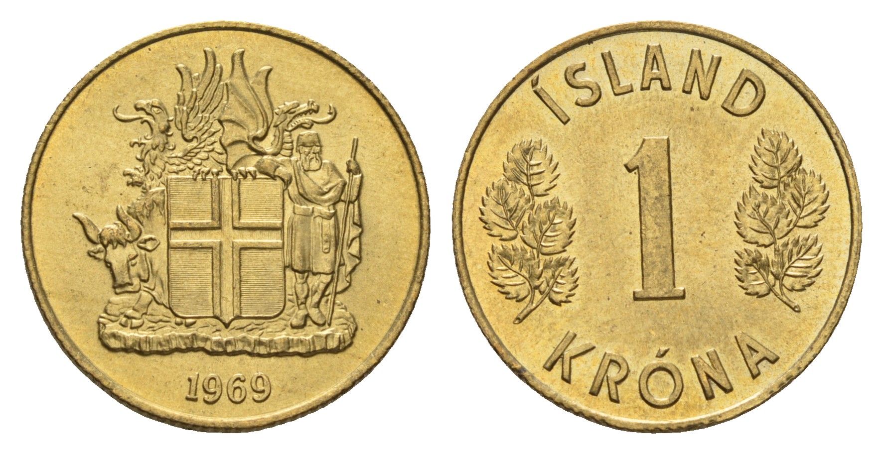 Исландия 1 крона 1969 KM 12a никель латунь UNC 4691-444