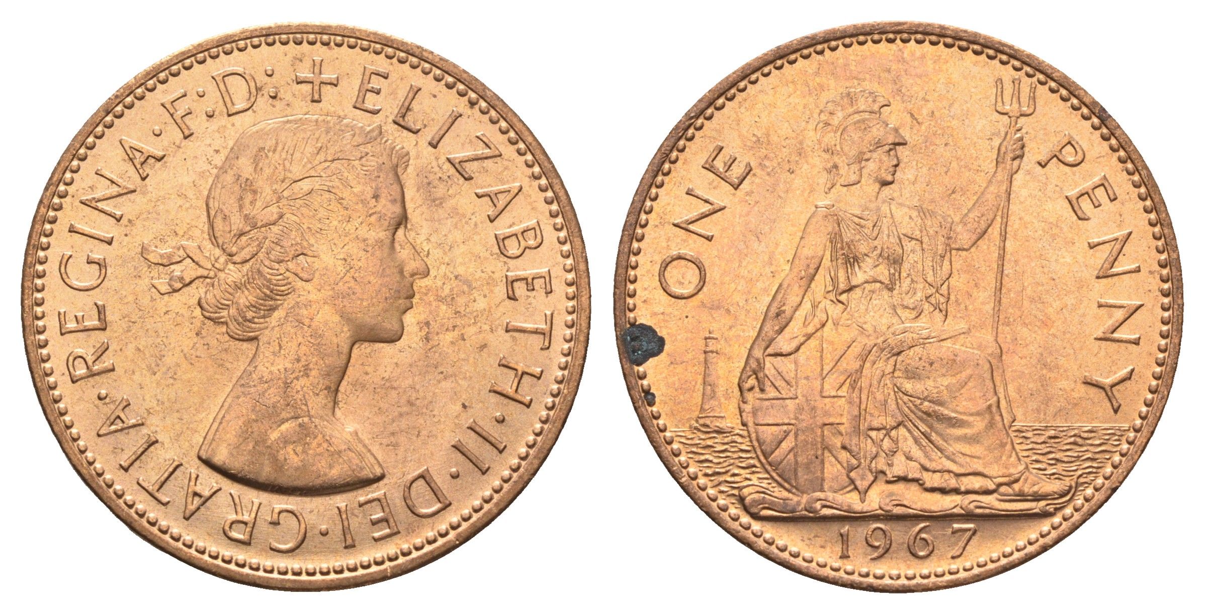 Великобритания 1 пенни 1967 Елизавета II (1952-2022) KM 897, Spink 4157 бронза UNC 4661-942