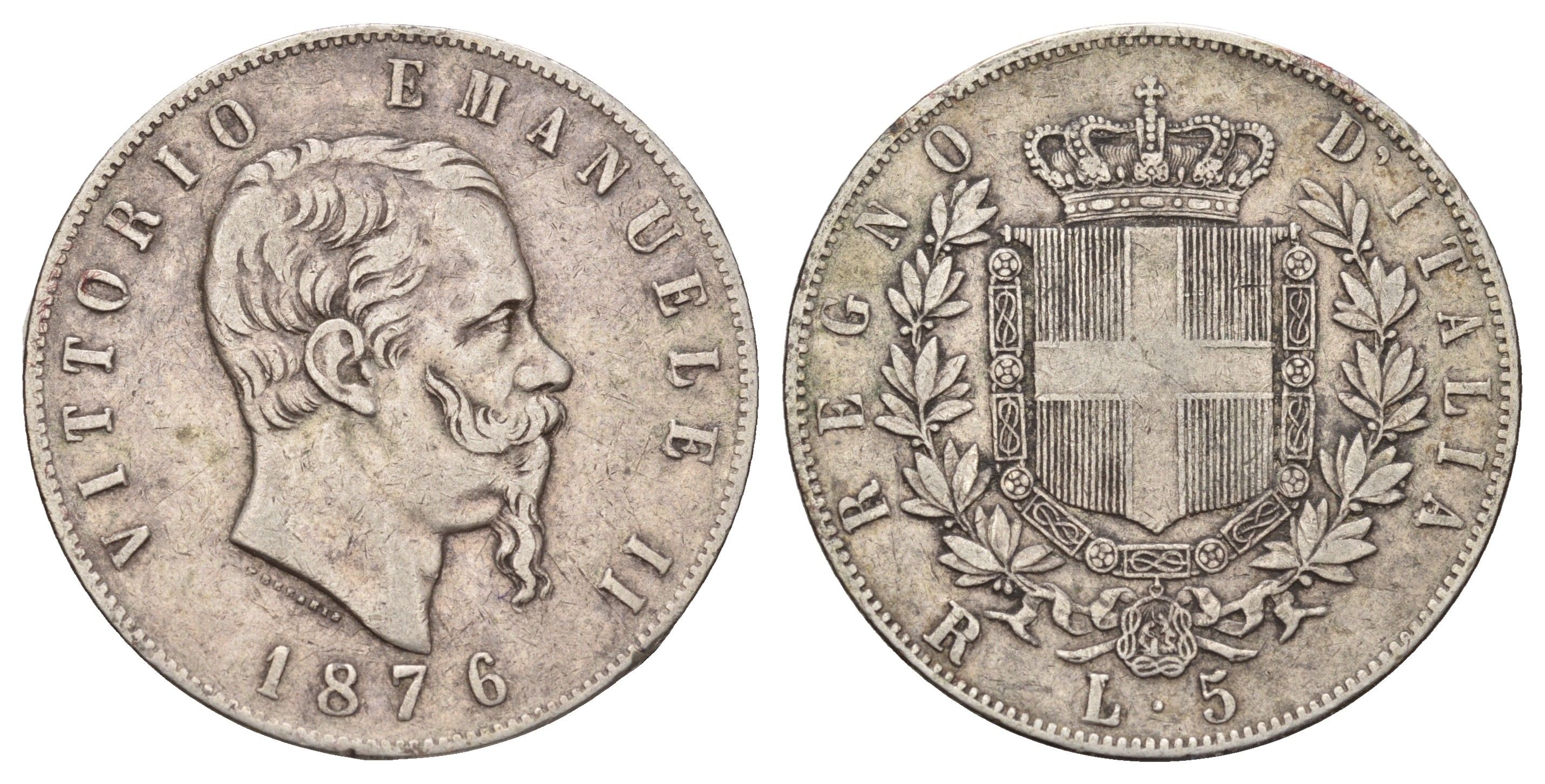 Италия 5 лир 1876 R, Виктор Эммануил II (1861-1878) KM 8.4 серебро 413-824