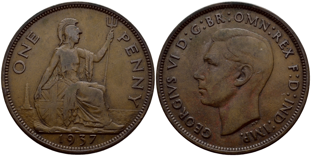 Великобритания 1 пенни 1937 Георг VI (1936-1952) KM 845, Spink 4114 бронза 540-445