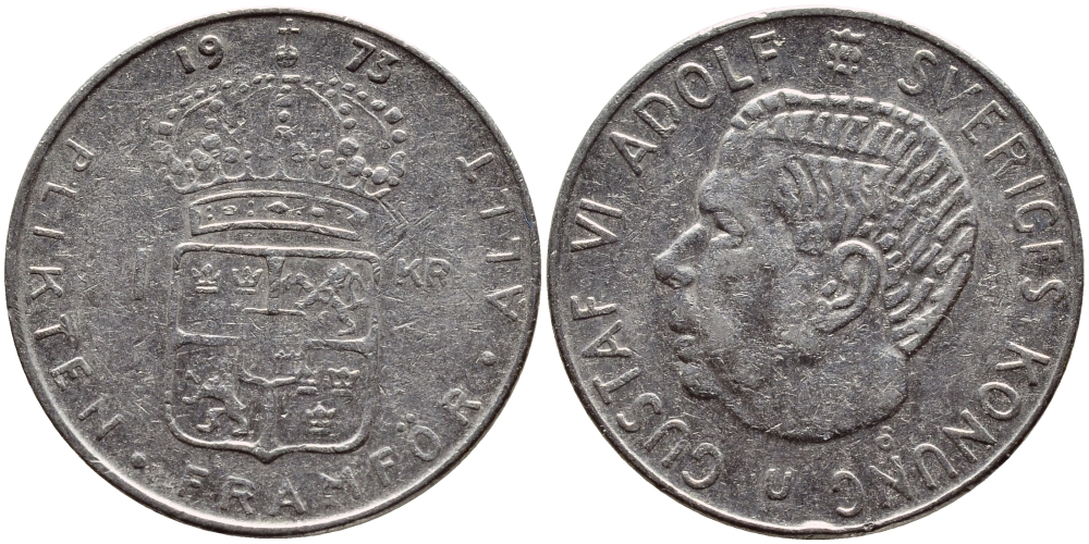 Швеция 1 крона 1973 Густав VI Адольф (1950-1973) KM 826а медь плакированная медно-никелем 4395-216