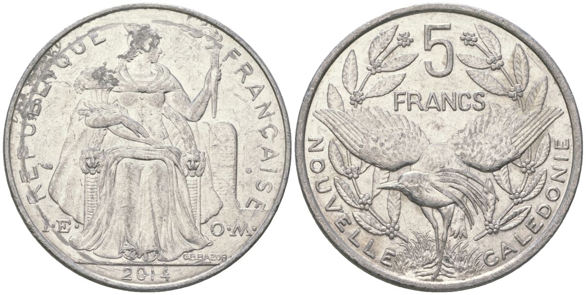 Французская Новая Каледония 5 франков 2014 птица кагу, (IEOM) KM 16, Schoen 12, Lec 81k алюминий 4117-321