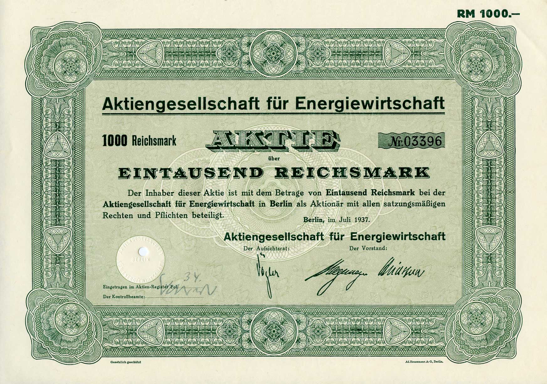 Германия 1000 рейхсмарок 1937 АО Энергетики, поставщик электроэнергии, Берлин, акция   бумага  8801-30-1