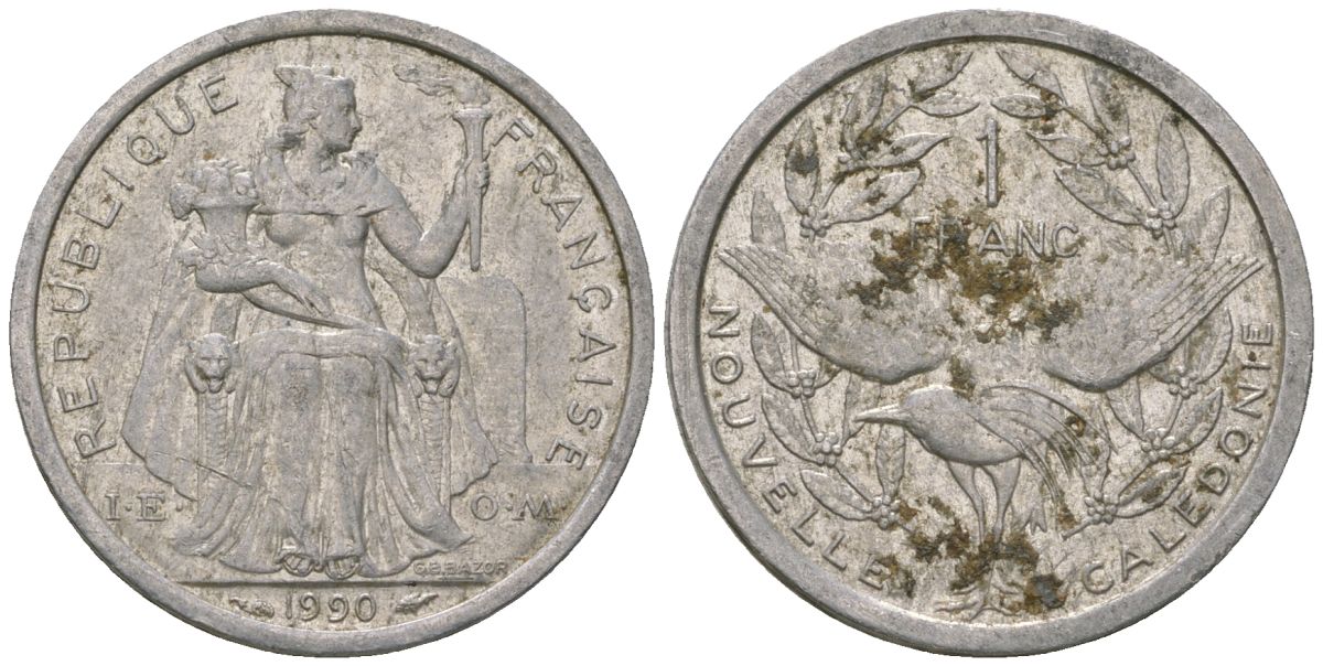 Французская Новая Каледония 1 франк 1990 птица кагу, (IEOM) KM 10, Schoen 10, Lec 50 алюминий 53-716
