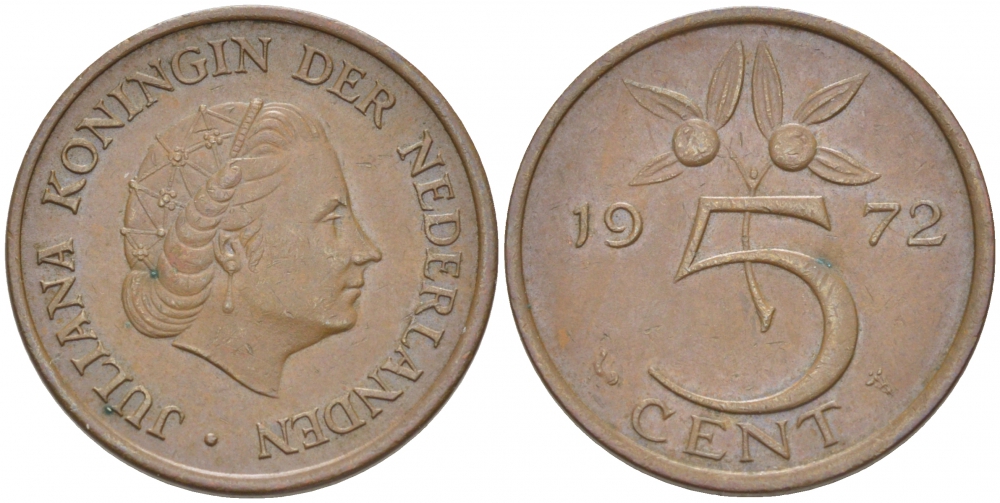 Нидерланды 5 центов 1972 Юлиана (1948-1980) KM 181 бронза 214-825